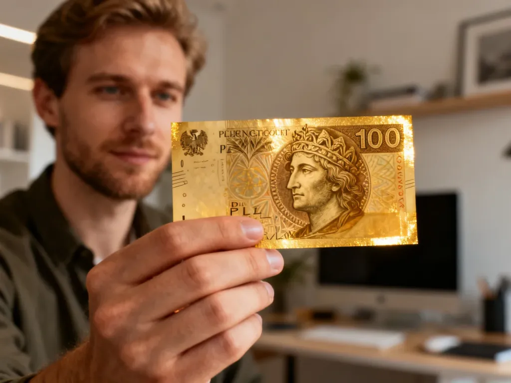 Mężczyzna trzymający w dłoni banknot o nominale 100 złotych na tle nowoczesnego biura.