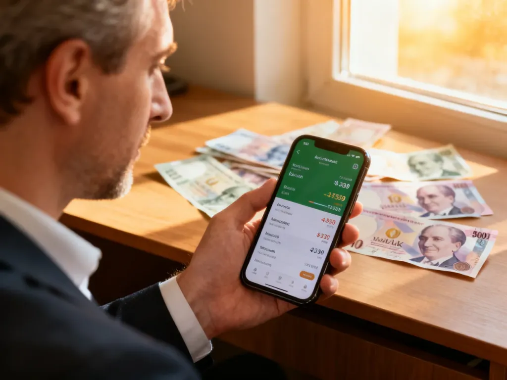 Mężczyzna sprawdza kurs walut w aplikacji na smartfonie, a w tle widać banknoty liry tureckiej na drewnianym biurku.