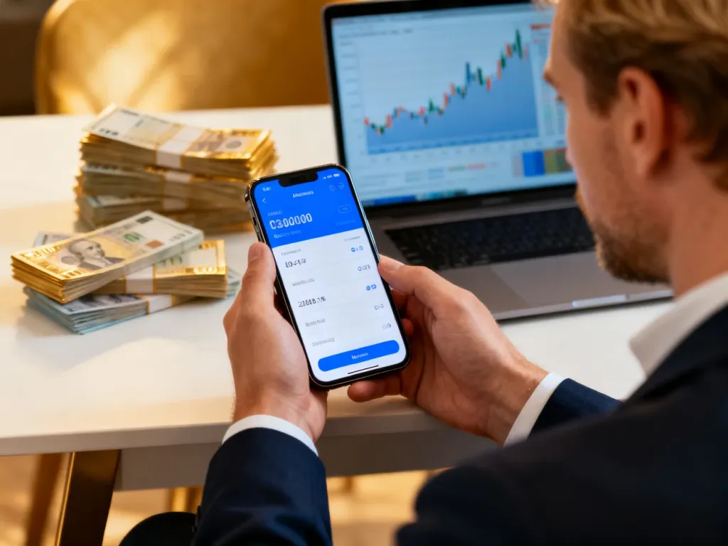 Mężczyzna sprawdza kurs walut w aplikacji na smartfonie, mając w tle wykresy finansowe i stosy banknotów.