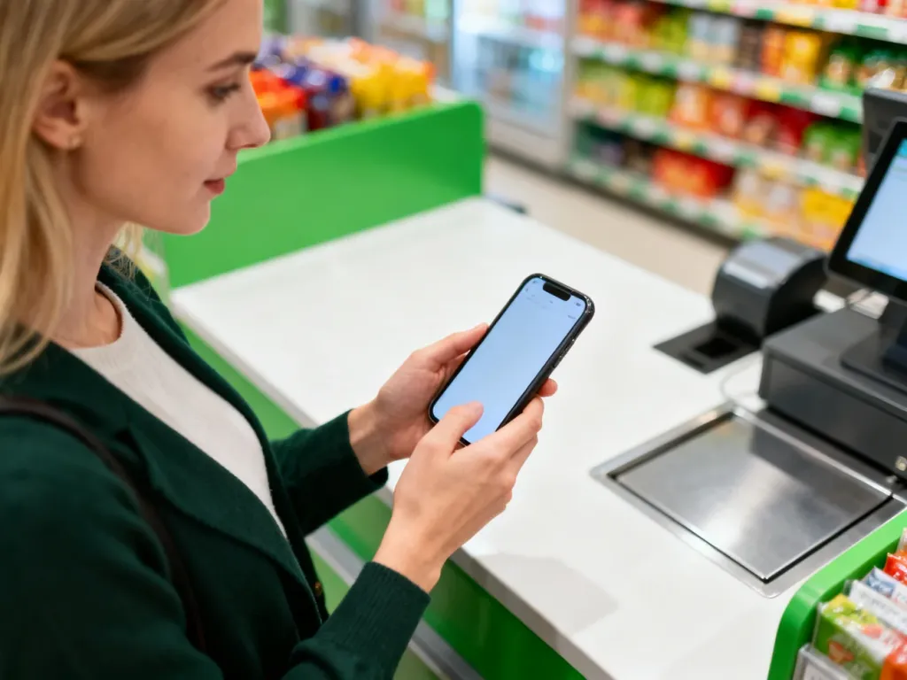 Kobieta płacąca smartfonem przy kasie w sklepie typu convenience. Ilustracja procesu płatności mobilnej w Żabce.