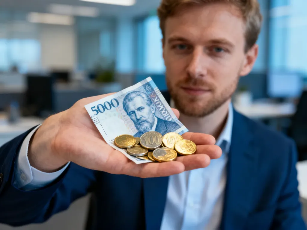 Mężczyzna trzyma w dłoniach islandzkie korony w formie monet i banknotów na tle nowoczesnego biura.