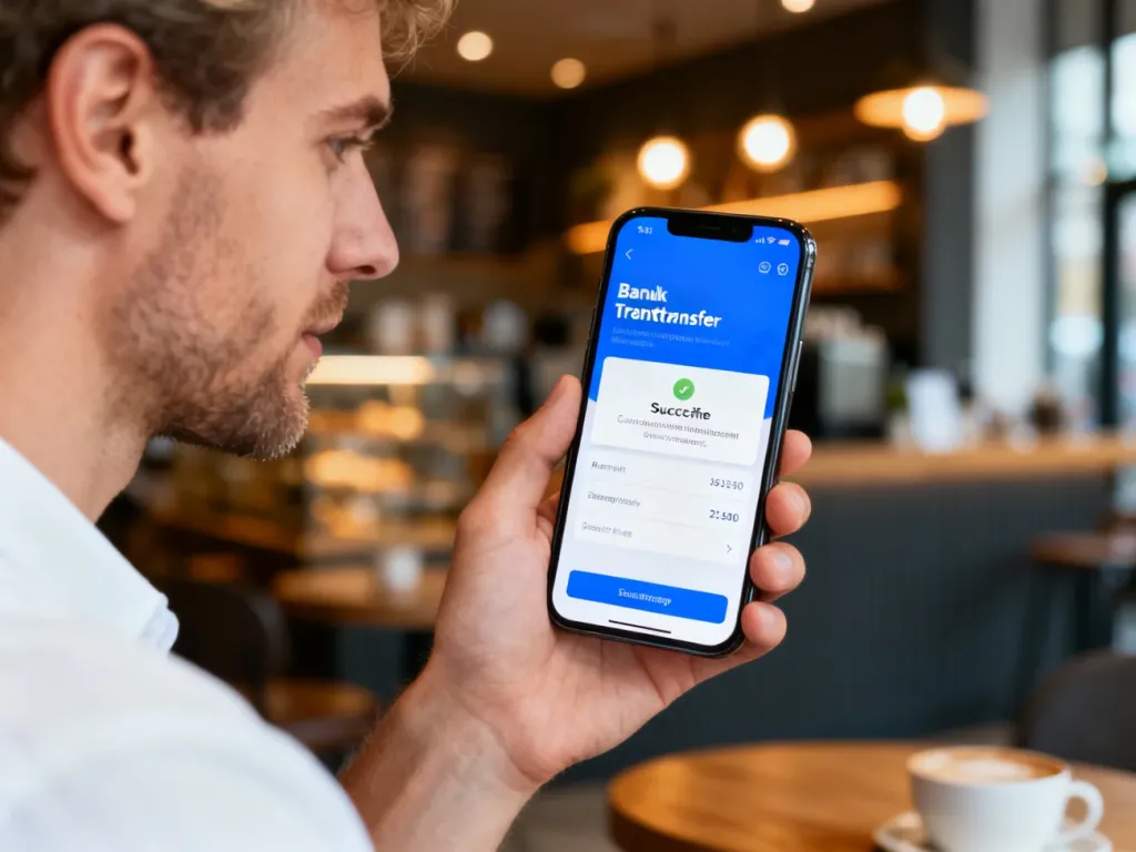 Mężczyzna trzyma smartfon z potwierdzeniem udanego przelewu bankowego w przytulnej kawiarni.