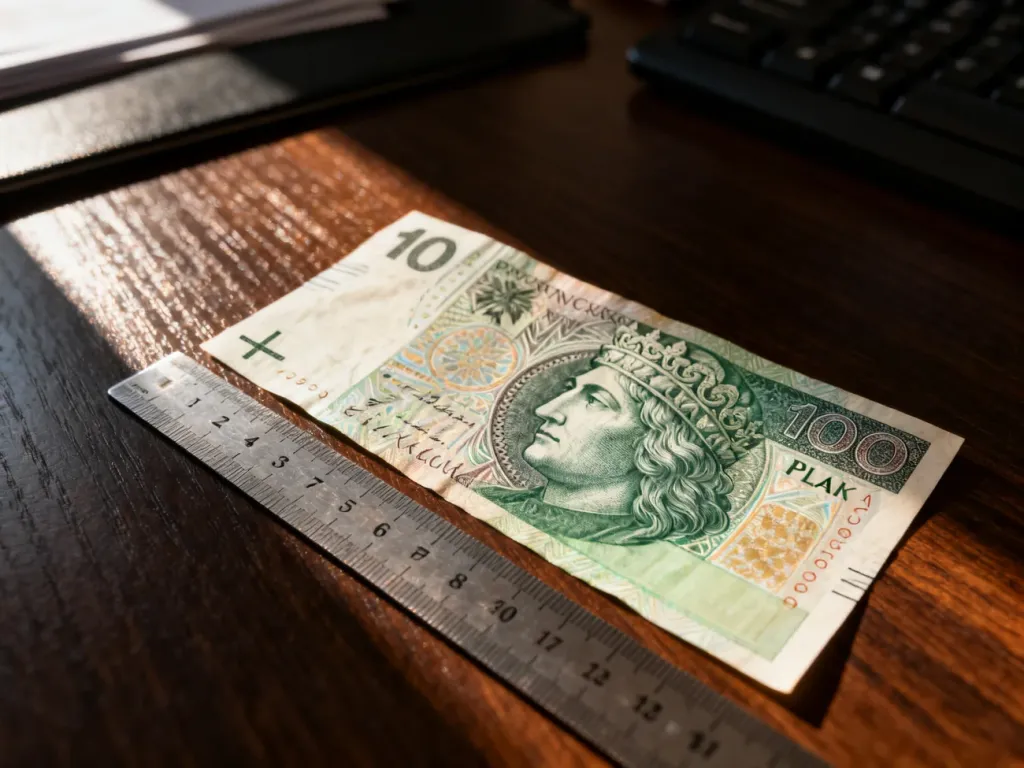 Banknot 100 zł leżący na drewnianym biurku obok metalowej linijki, obrazujący dokładne wymiary polskiego pieniądza.