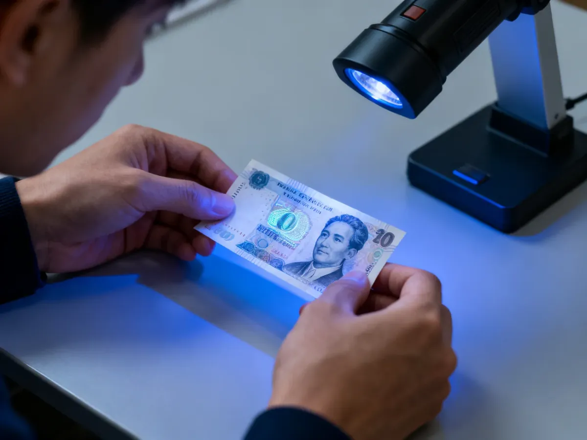 Sprawdzanie znaku wodnego i zabezpieczeń banknotu pod światło