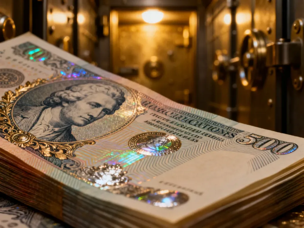 Zbliżenie na stos banknotów kolekcjonerskich z widocznymi detalami zabezpieczeń, hologramami i metalicznymi zdobieniami.