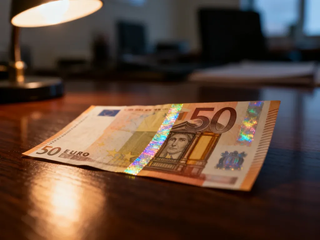 Zbliżenie na banknot 50 euro z widocznym hologramem i znakiem wodnym, prezentujące kluczowe zabezpieczenia waluty.