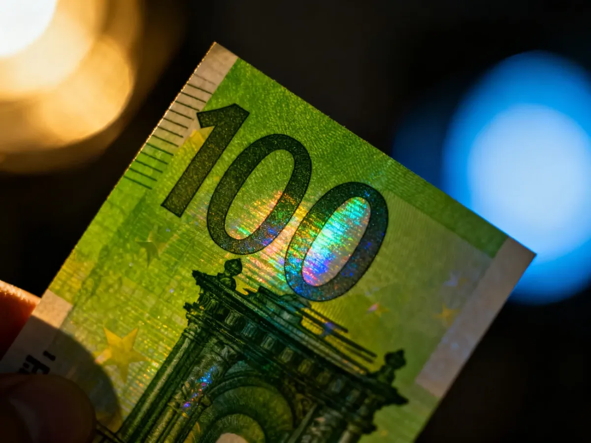 Banknot 100 euro przechylany w celu sprawdzenia hologramu