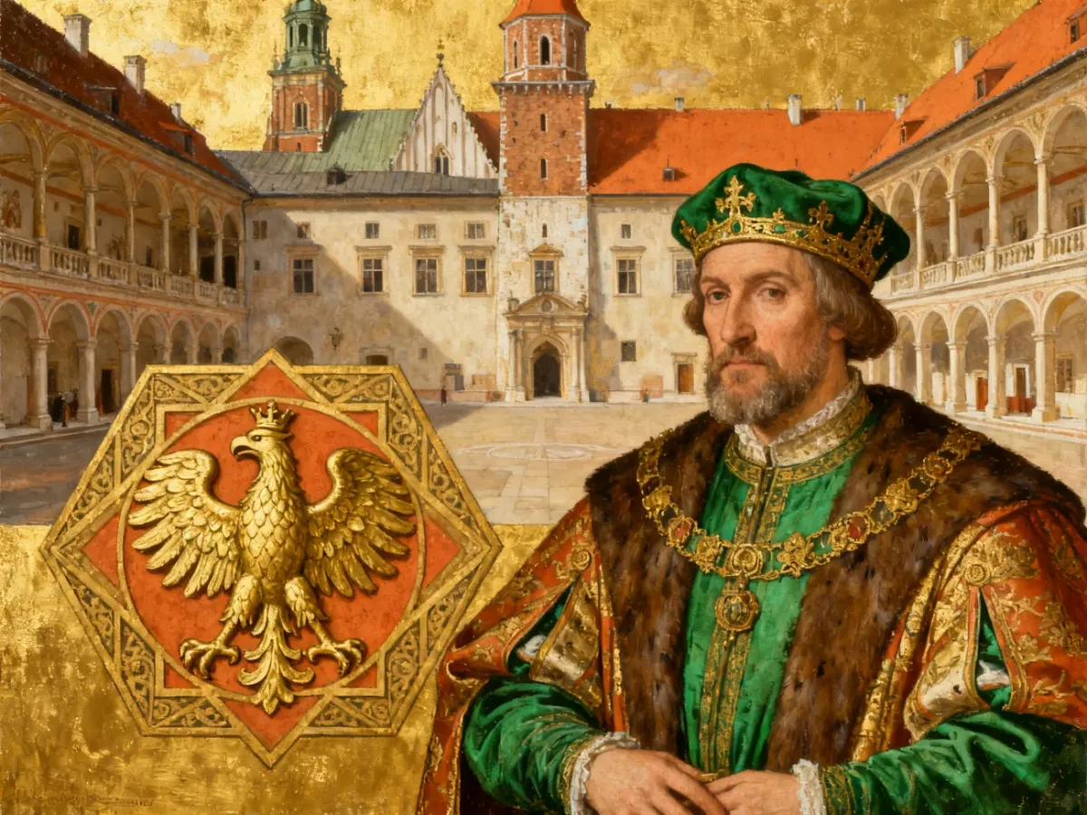 Zygmunt Stary na tle renesansowego dziedzińca Wawelu z heraldycznym orłem