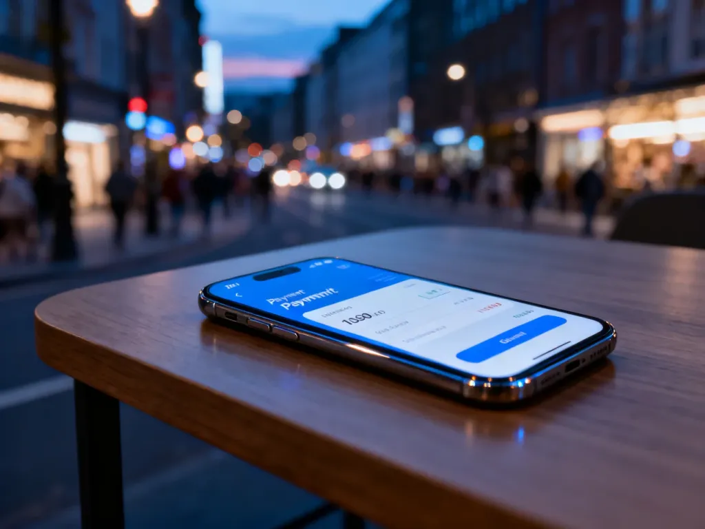 Nowoczesny smartfon z interfejsem płatności cyfrowych na tle rozmytego, wieczornego miasta.