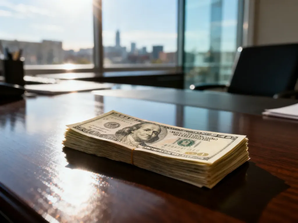 Stos banknotów dolarowych na biurku w słonecznym biurze, symbolizujący operacje finansowe i wymianę walut.