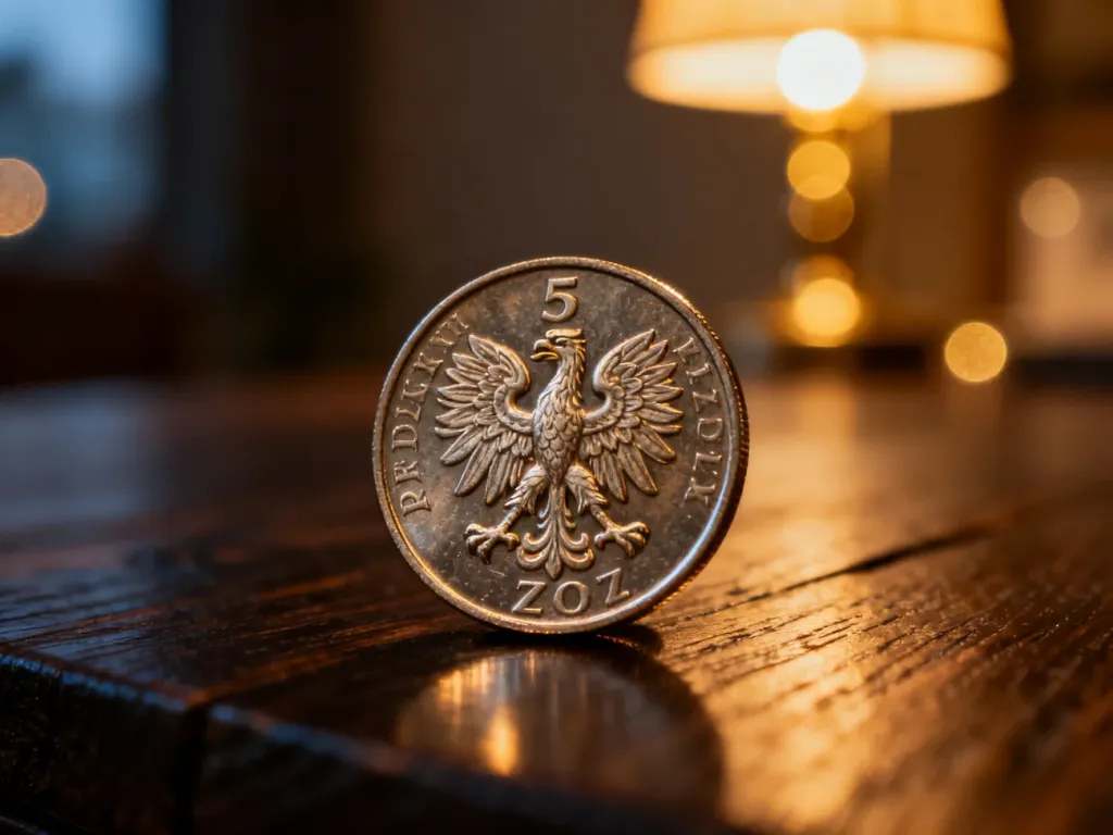 Zbliżenie na monetę pięciozłotową leżącą na drewnianym stole, z wyraźnie widocznym godłem w ciepłym, wieczornym świetle.