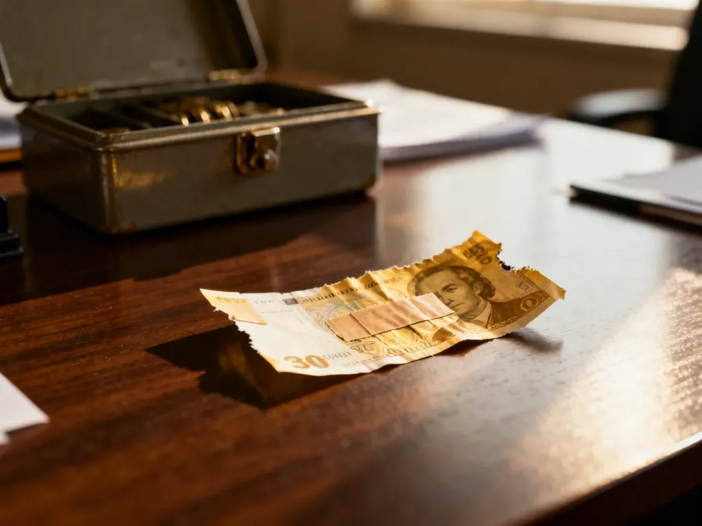 Sklejony taśmą banknot leżący na drewnianym biurku, obok otwartej metalowej kasetki na pieniądze.