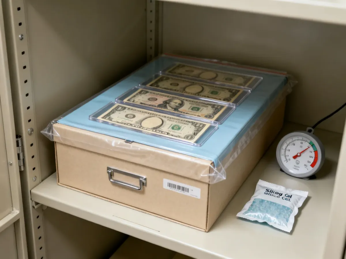 Archiwalne pudełko z zabezpieczonymi banknotami, higrometrem i saszetką z silikażelem