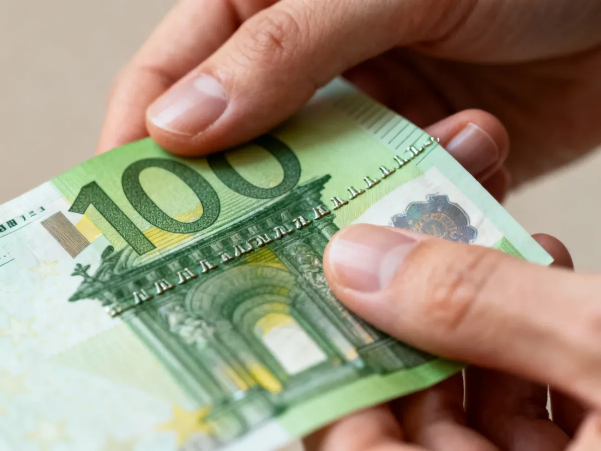 Sprawdzanie wypukłego druku banknotu 100 euro dotykiem