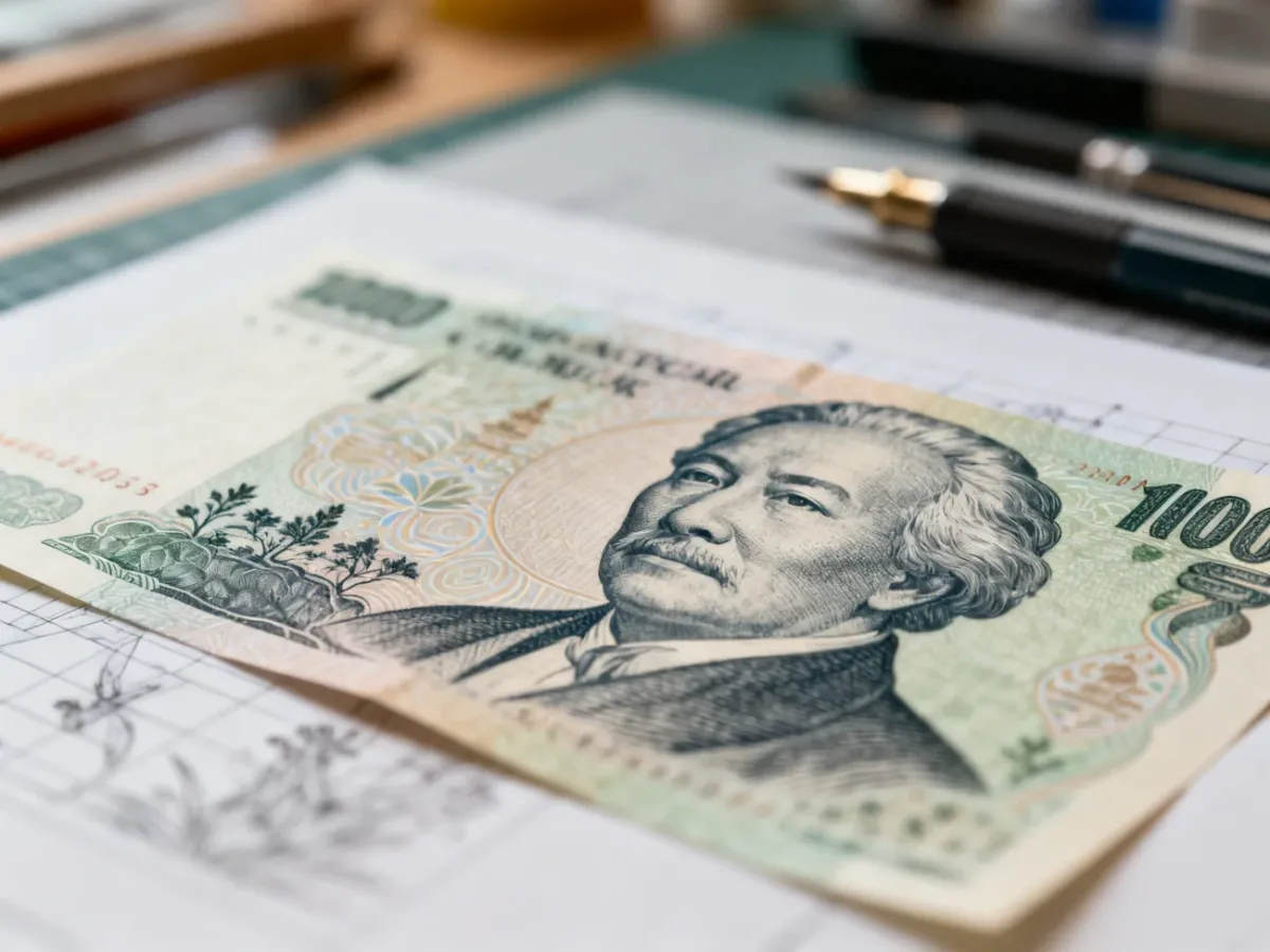 Koncepcja banknotu z portretem historycznej postaci i symbolami kultury oraz przyrody