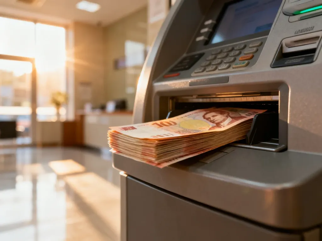 Wpłatomat przyjmujący plik banknotów o wysokich nominałach w nowoczesnym wnętrzu banku.