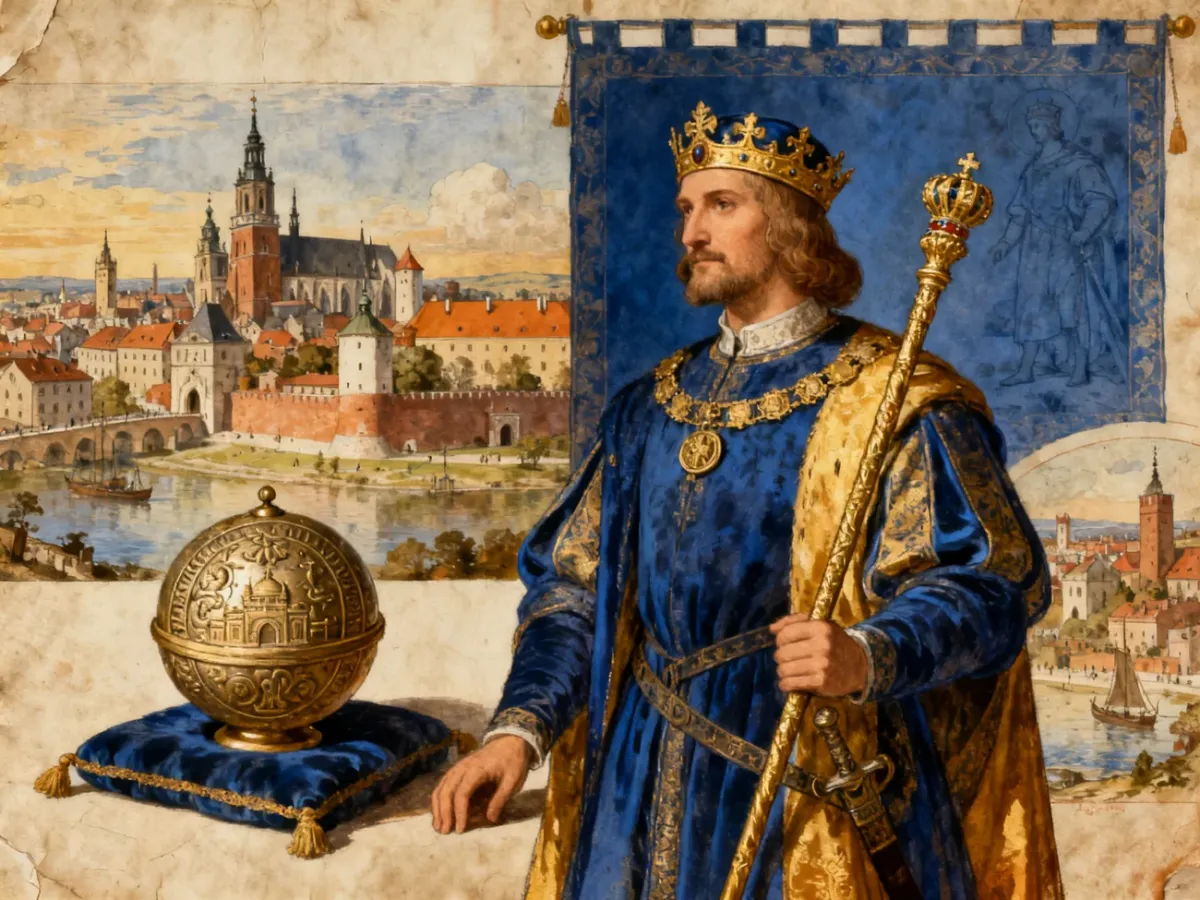 Kazimierz Wielki z królewską pieczęcią, insygniami i panoramą średniowiecznego Krakowa