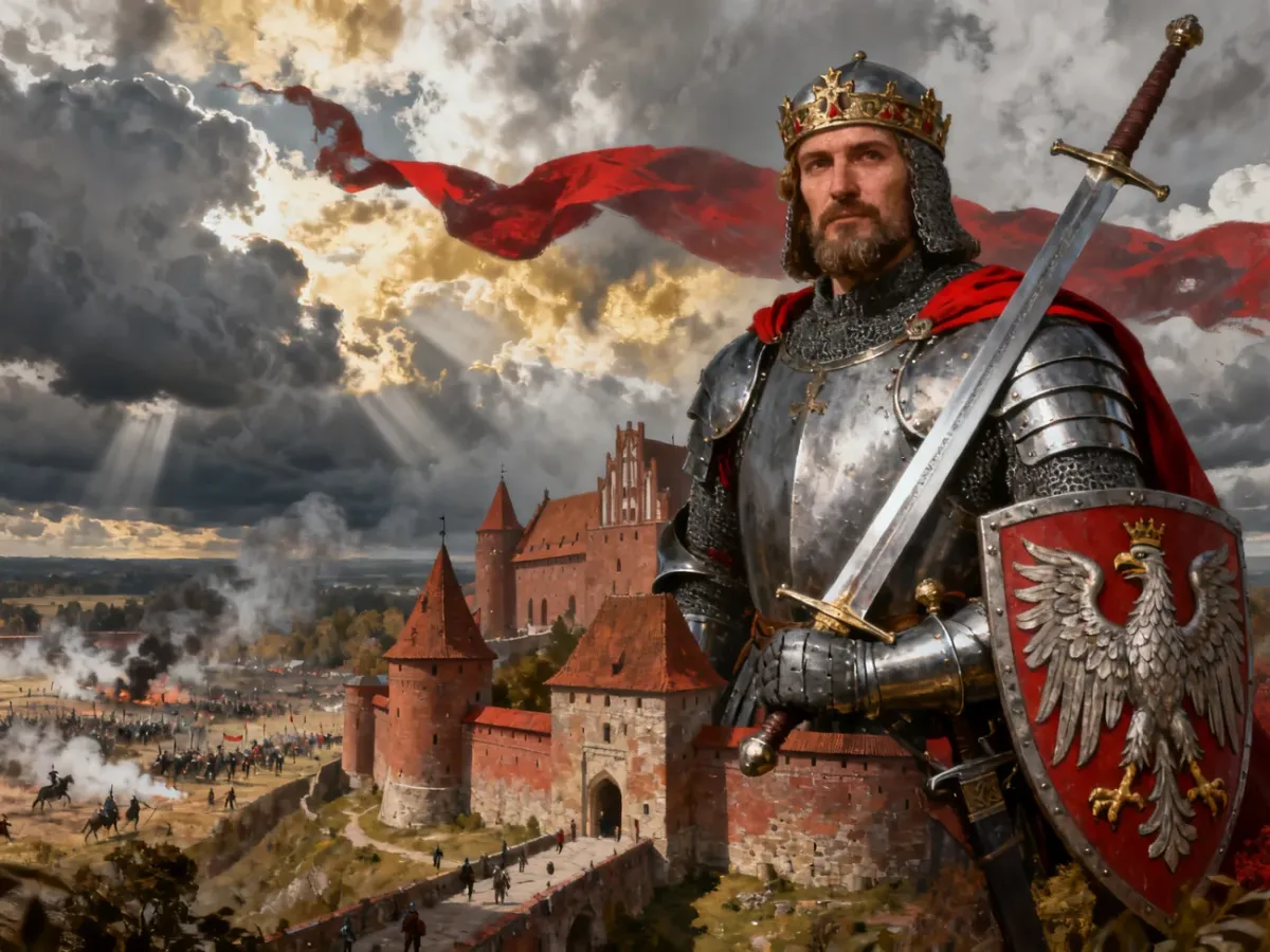 Władysław Jagiełło z mieczami i tarczą herbową na tle pola bitwy oraz zamku w Malborku