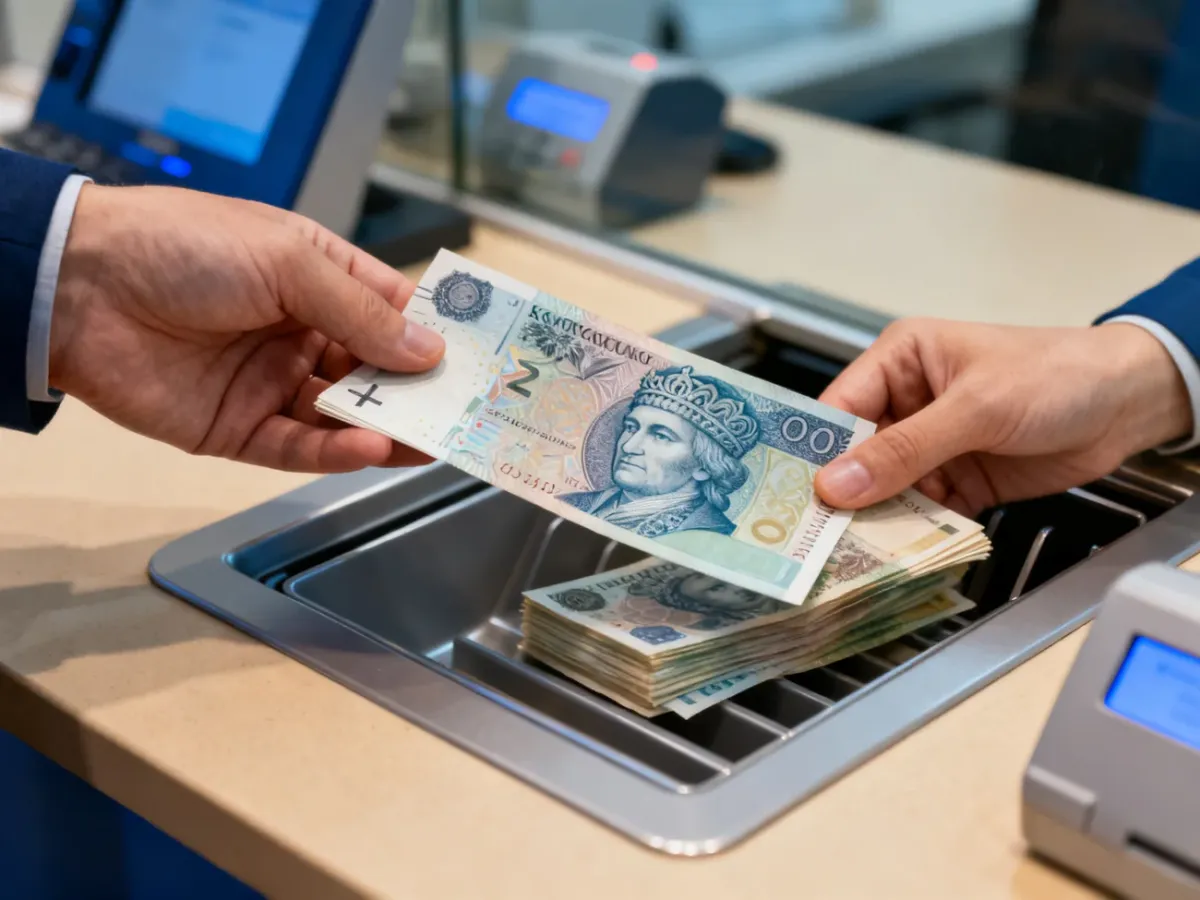 Polskie banknoty podczas wymiany w banku, z urządzeniami bankowości elektronicznej w tle