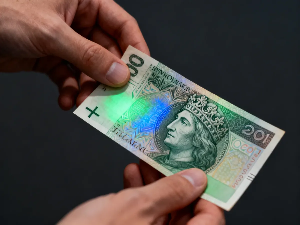 Przechylany banknot z widocznym efektem zmiany koloru zabezpieczenia