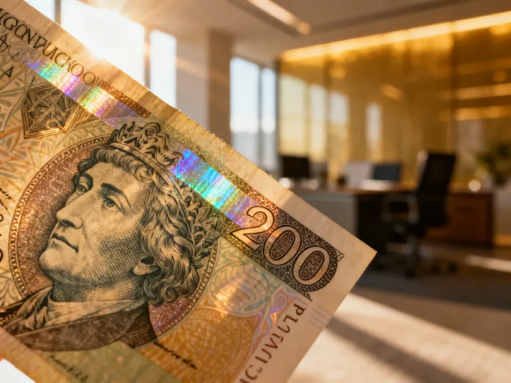 Zbliżenie na detale zabezpieczeń banknotu 200 zł, w tym hologram i fakturę papieru, na tle rozmytego wnętrza biura.