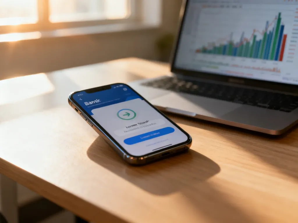 Smartfon z powiadomieniem o przelewie na drewnianym biurku, symbolizujący nowoczesną bankowość mobilną.