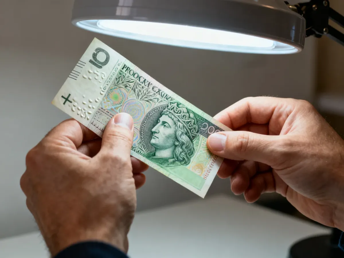 Dłonie sprawdzające banknot pod światło i dotykiem