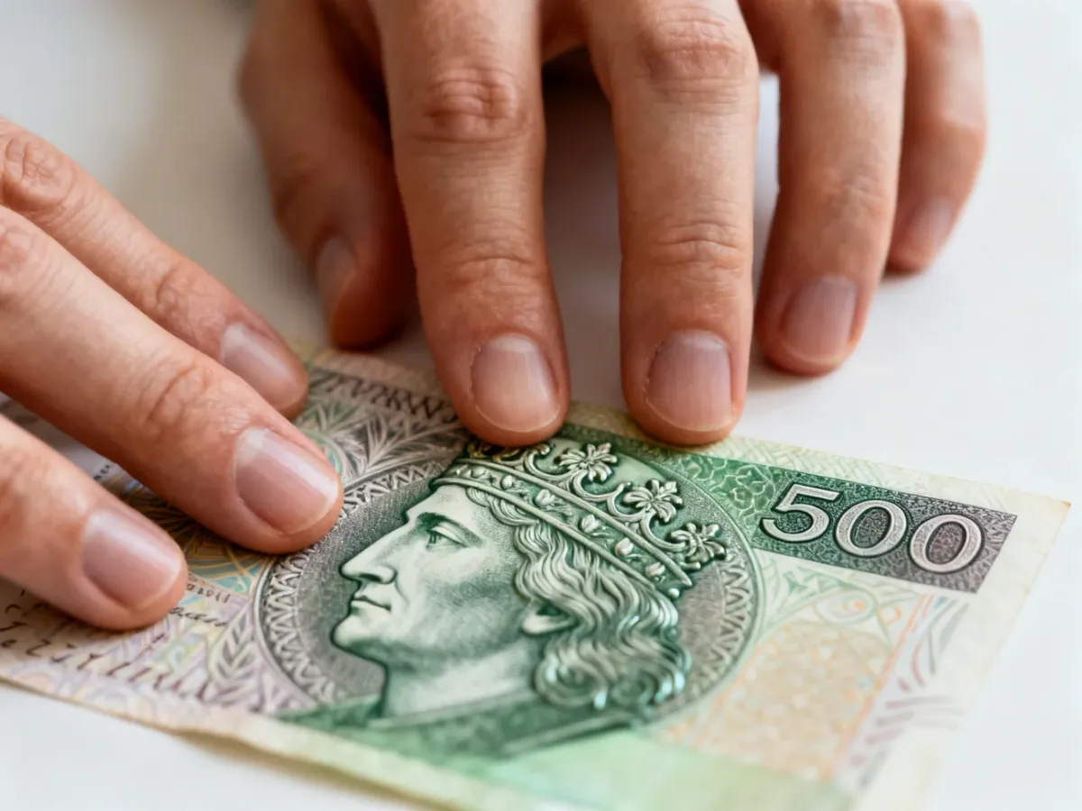 Dłoń sprawdzająca wypukłość druku na banknocie 500 zł