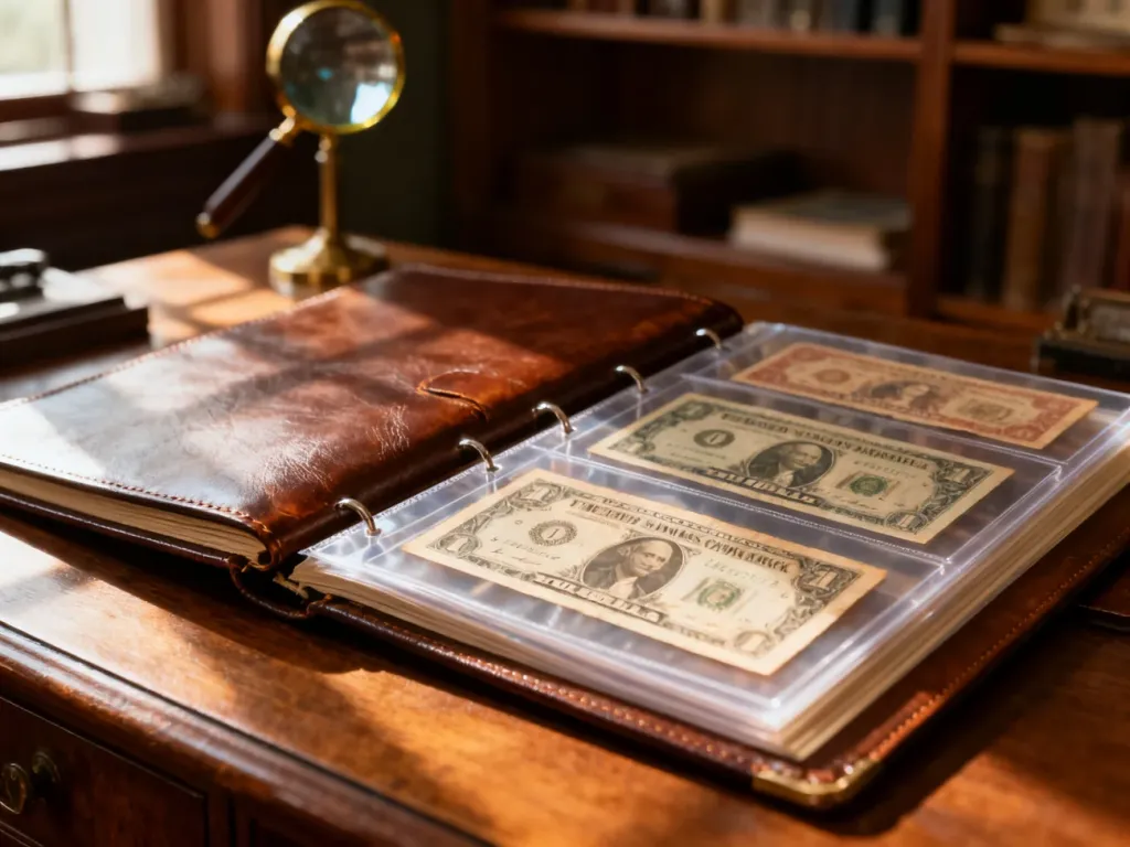 Otwarty skórzany album z historycznymi banknotami w ochronnych foliach, leżący na drewnianym biurku w gabinecie kolekcjonera.