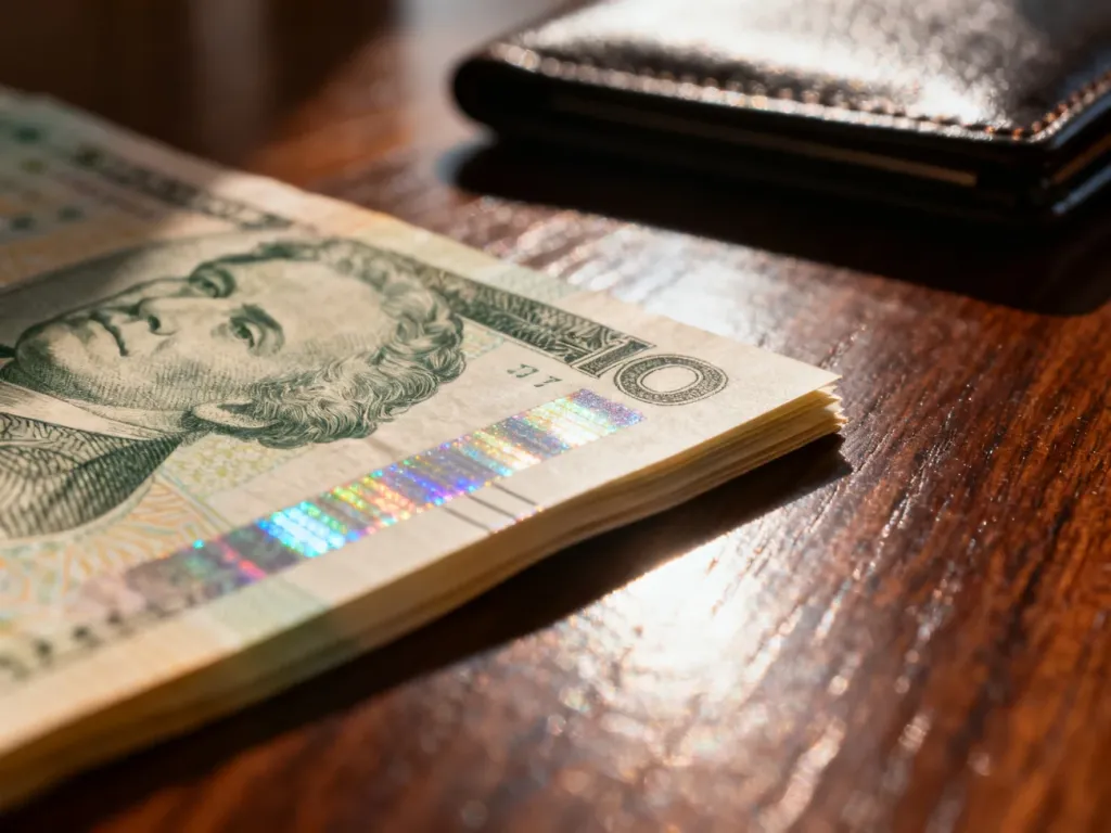Zbliżenie na detale zabezpieczające banknotu, takie jak hologramy i mikrodruk, leżącego na drewnianym stole.