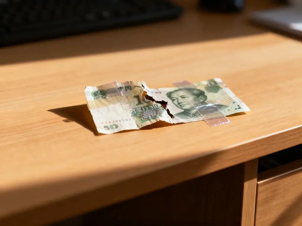 Banknot uszkodzony i sklejony przezroczystą taśmą leżący na drewnianym biurku.