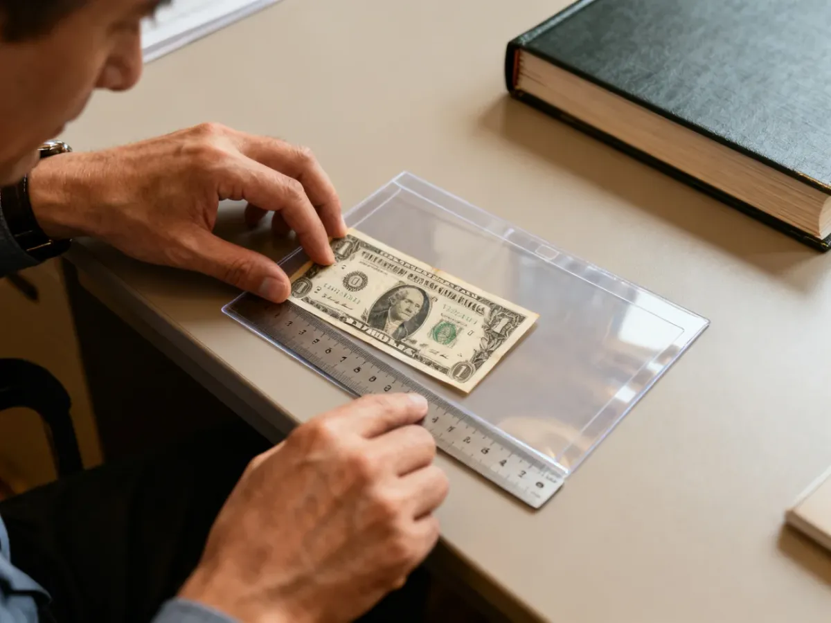 Pomiar banknotu i dopasowanie go do kieszeni albumu