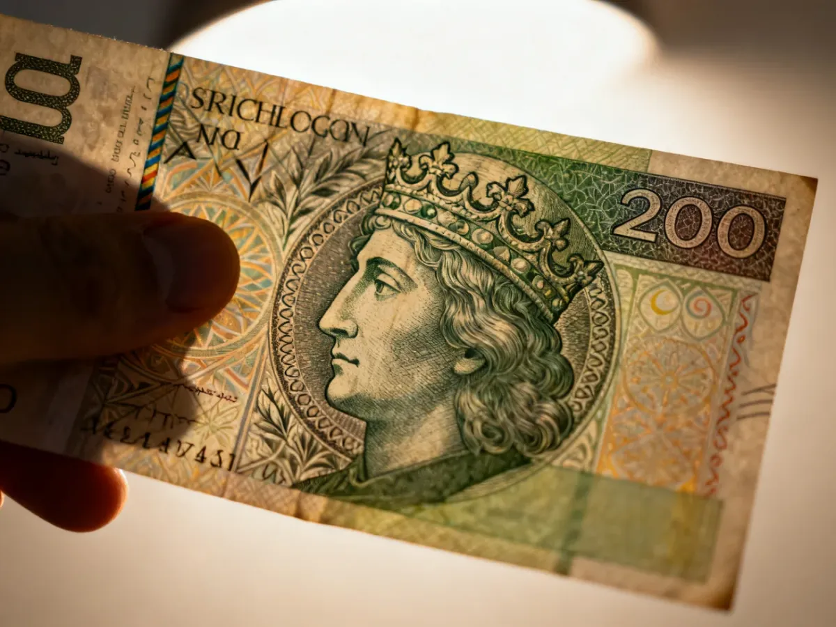 Banknot 200 zł oglądany pod światło z widocznymi zabezpieczeniami