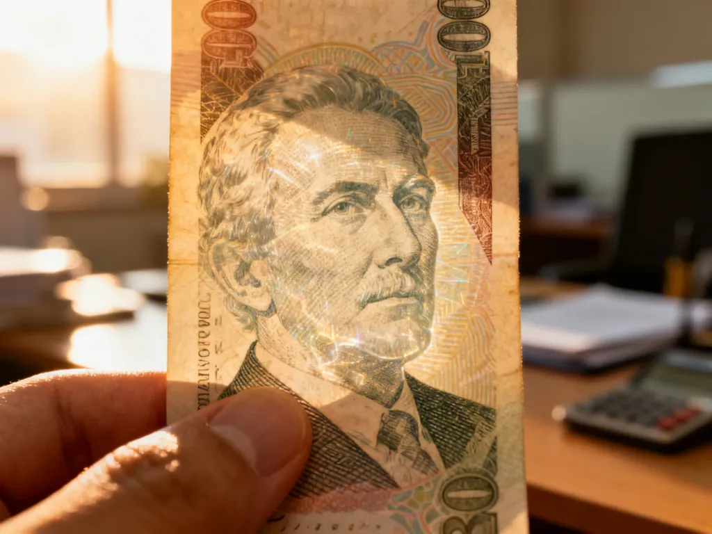 Zbliżenie na znak wodny banknotu podświetlony światłem, ukazujące detale portretu i strukturę papieru zabezpieczającego.