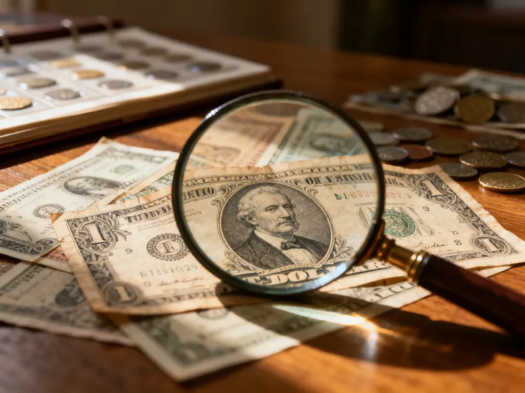 Rzadkie banknoty historyczne na drewnianym stole, badane przez lupę w poszukiwaniu detali cennych dla kolekcjonerów.