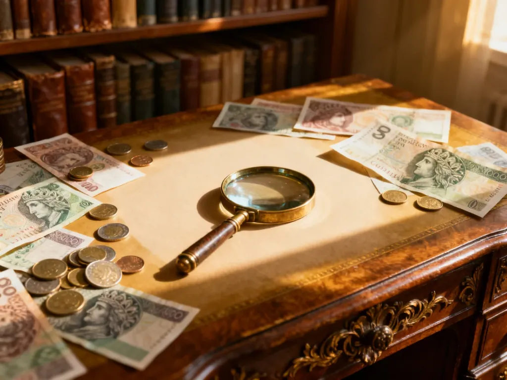 Stare monety i banknoty rozłożone na drewnianym biurku obok lupy, symbolizujące poszukiwanie informacji o polskiej walucie.
