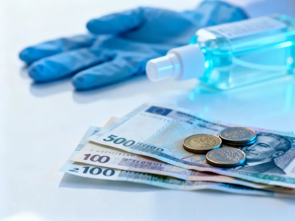 Banknoty i monety podświetlone światłem UV na sterylnym podłożu, obok rękawiczek i środka do dezynfekcji.