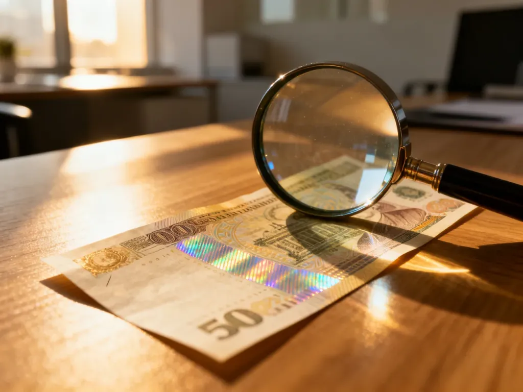 Banknot pod lupą, ukazujący detale zabezpieczeń, mikrodruk i hologramy w celu weryfikacji autentyczności pieniędzy.