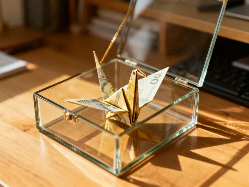 Banknot złożony w kształcie żurawia origami w szklanym pudełku prezentowym na drewnianym stole.