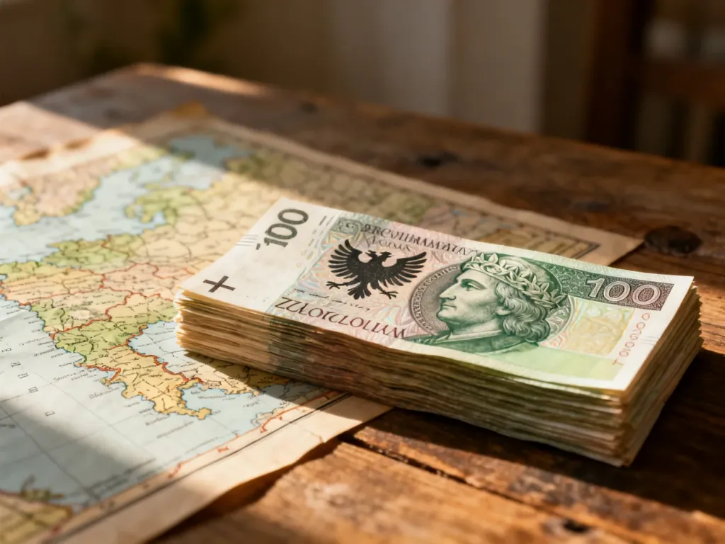 Stos albańskich banknotów leków obok banknotu 100 złotych na drewnianym stole, ilustrujący porównanie siły nabywczej walut.