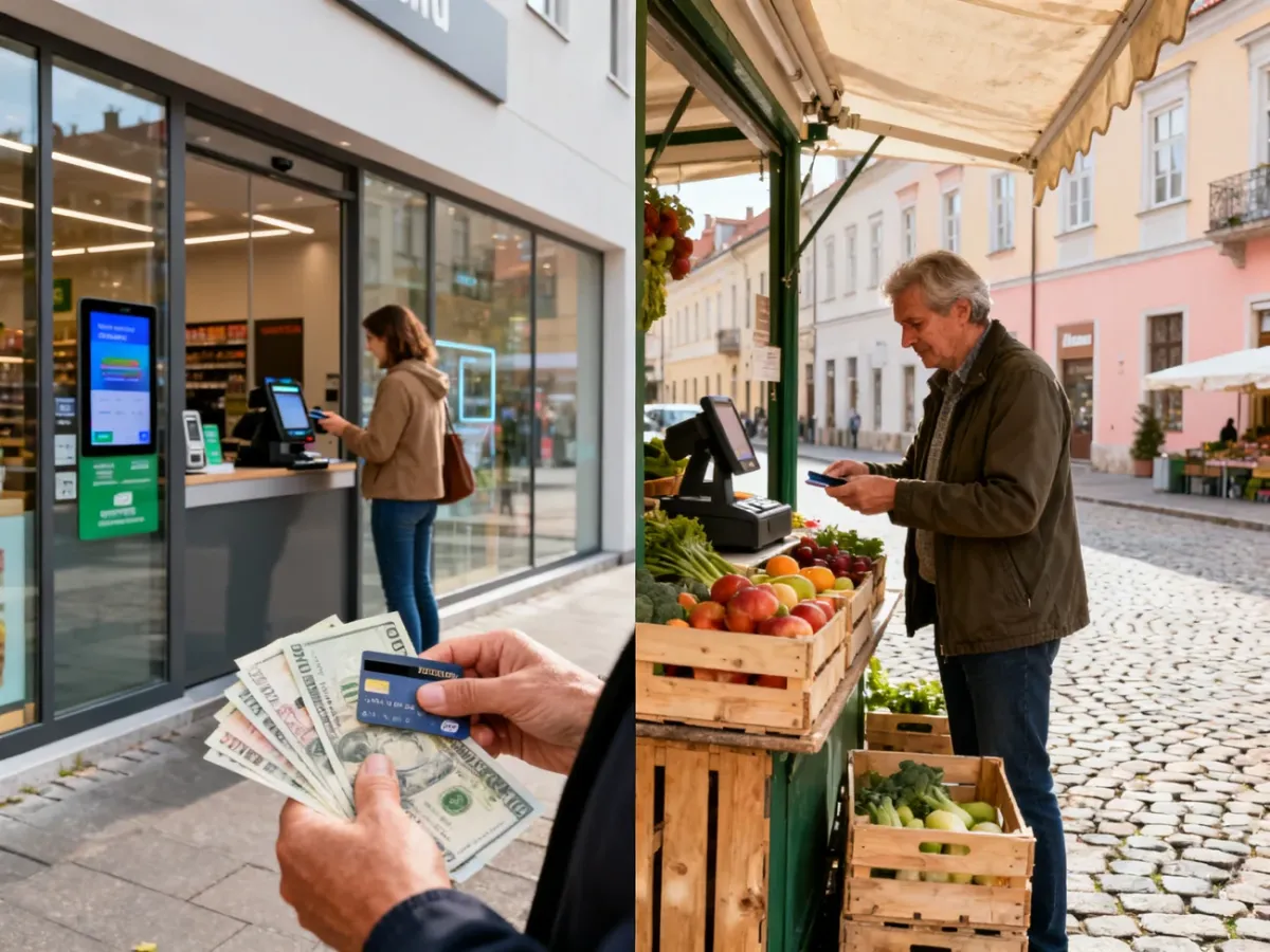 Gotówka na bazarze i płatność kartą w sklepie