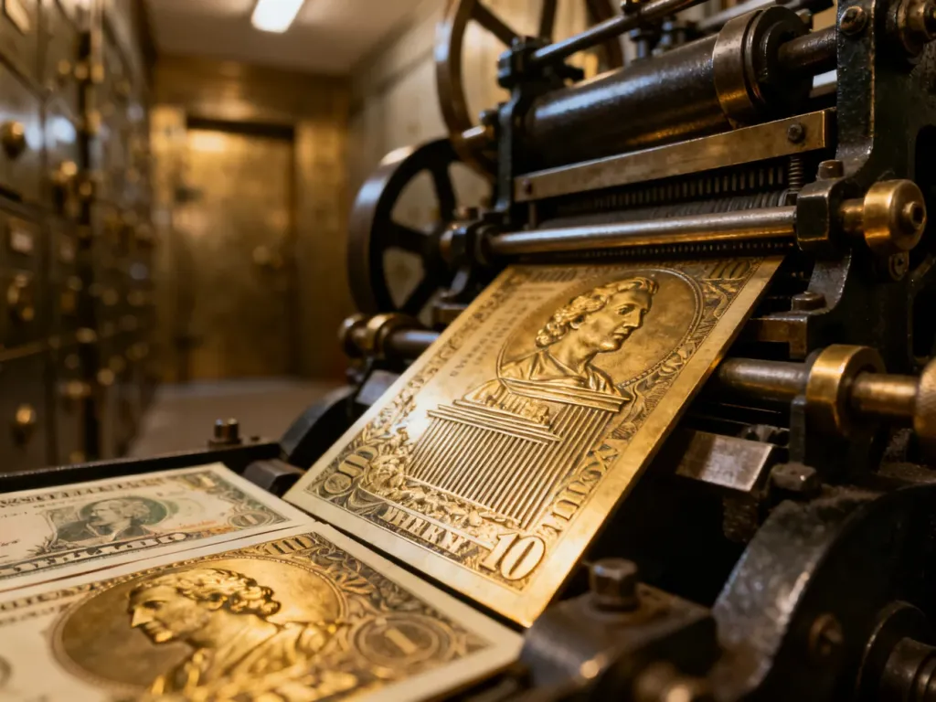 Zbliżenie na precyzyjne płyty grawerskie używane do druku banknotów w profesjonalnej maszynie drukarskiej.