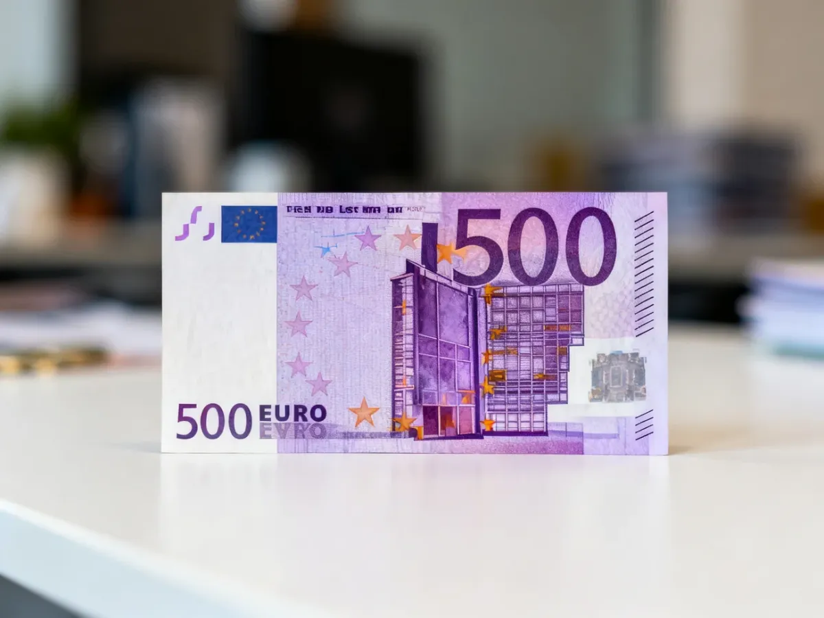 Banknot 500 euro na tle europejskiego otoczenia finansowego