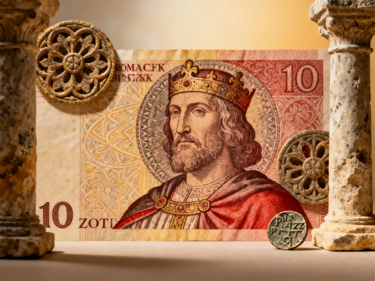 Artystyczne przedstawienie Mieszka I z romańskimi ornamentami, kolumnami i denarem pierwszych Piastów