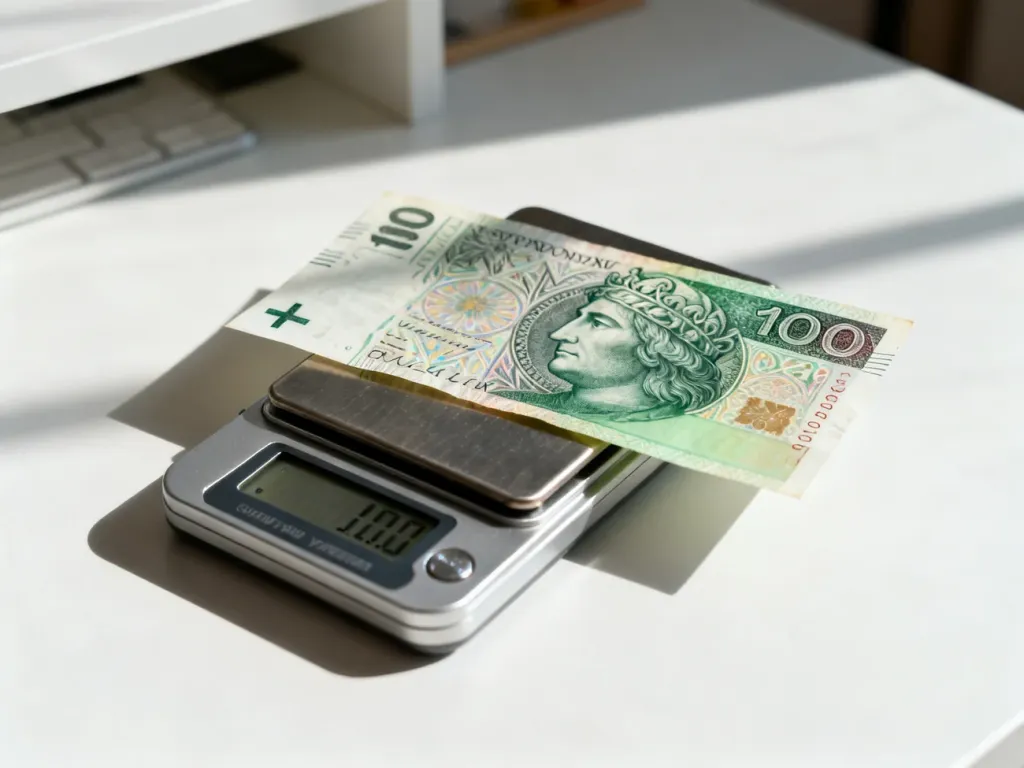 Banknot 100 zł leżący obok precyzyjnej wagi jubilerskiej, która wskazuje jego dokładną masę.