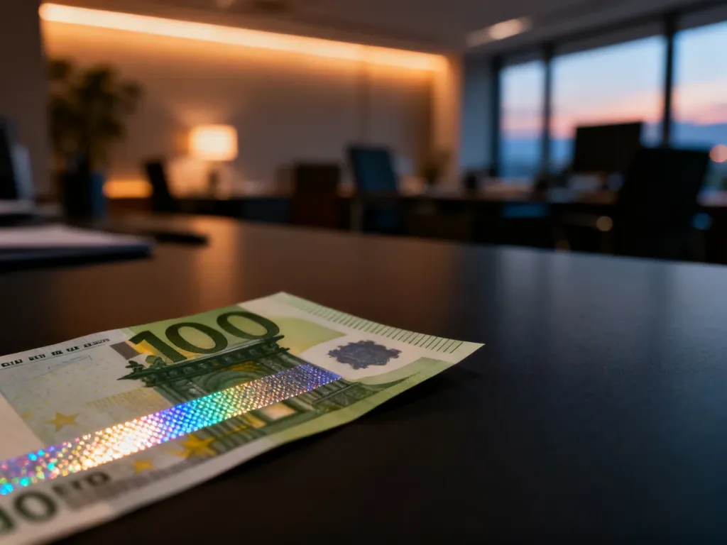 Zbliżenie na banknot 100 euro ukazujące detale hologramu i fakturę papieru na tle nowoczesnego biura.