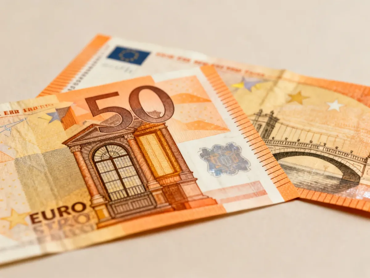 Banknot 50 euro z motywem renesansowej architektury na awersie i rewersie