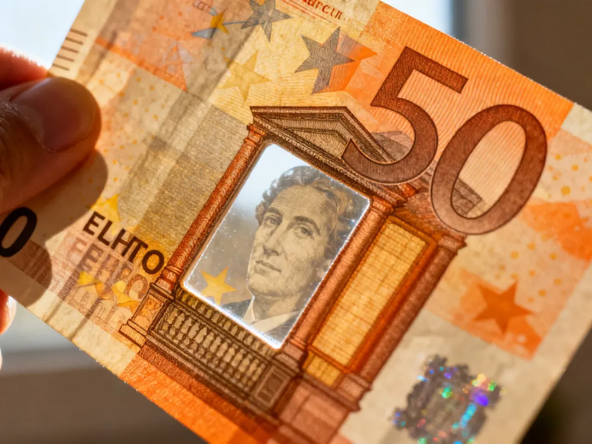 Banknot 50 euro oglądany pod światło z widocznym znakiem wodnym i portretem