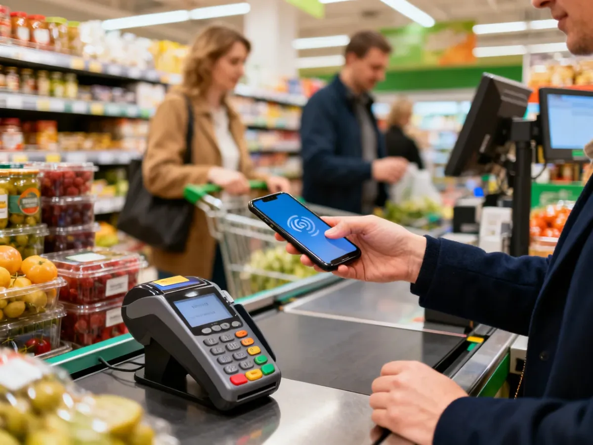 Klient płacący telefonem przy kasie w supermarkecie