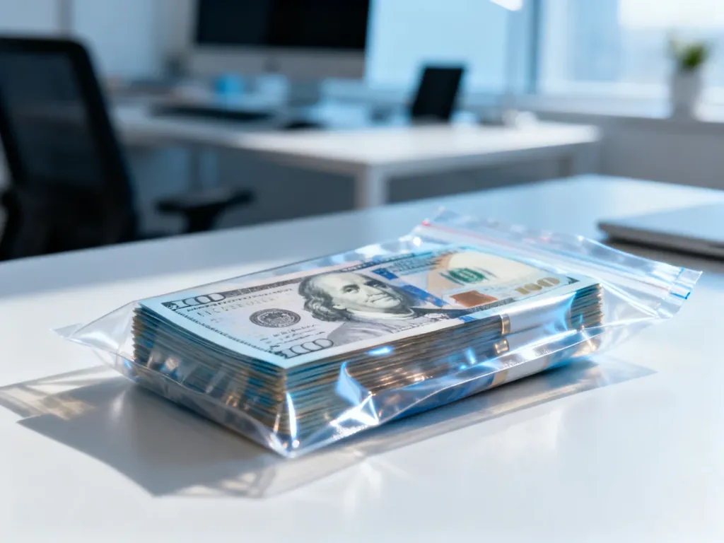 Plik świeżych banknotów szczelnie zamknięty w przezroczystym worku próżniowym, chroniący gotówkę przed wilgocią.